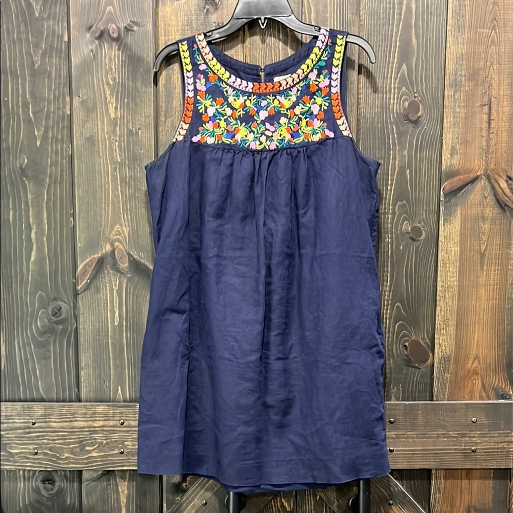 J. Crew Linen Blend Mini Dress 10 Embroidered‎ Floral Boho Chic Navy Blue Cotton
